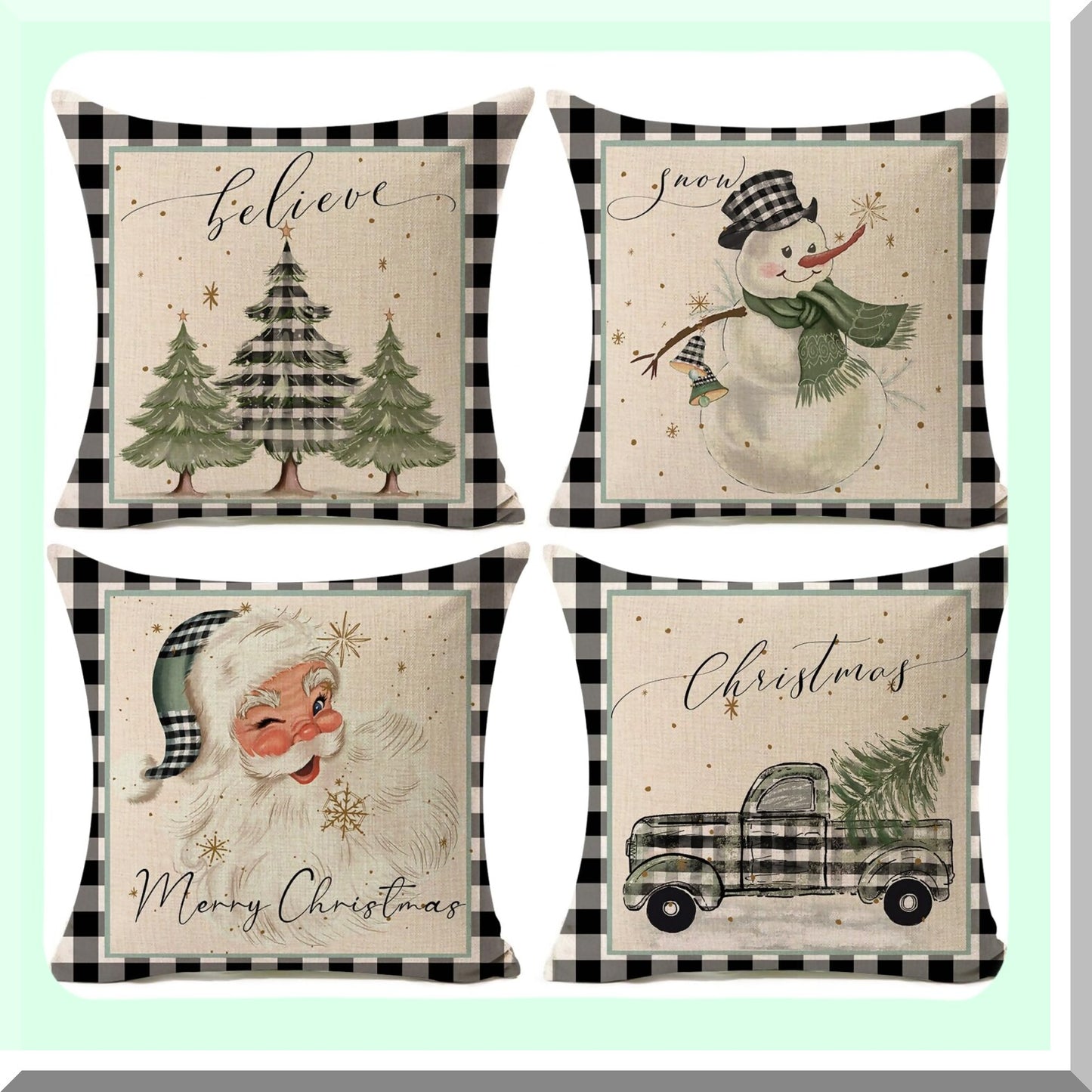 Winter Wonderland Pillow Covers Set - Snowflake Snowman Merry Claus Tree Truck Throw Pillows - Farmhouse Decor Cushion Case for Couch - Buffalo Plaid