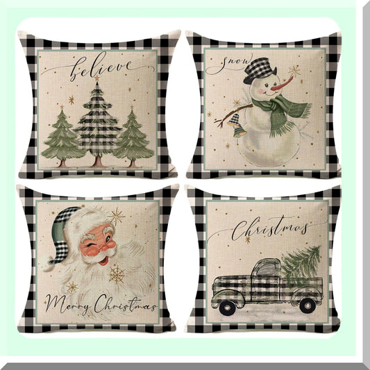 Winter Wonderland Pillow Covers Set - Snowflake Snowman Merry Claus Tree Truck Throw Pillows - Farmhouse Decor Cushion Case for Couch - Buffalo Plaid