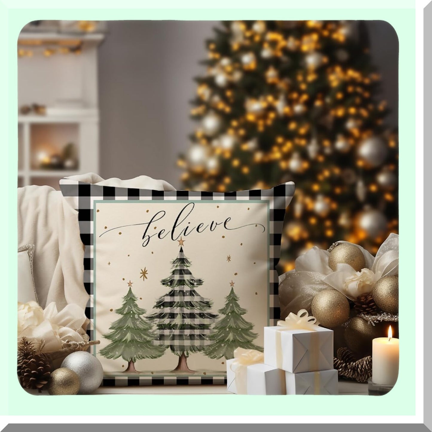 Winter Wonderland Pillow Covers Set - Snowflake Snowman Merry Claus Tree Truck Throw Pillows - Farmhouse Decor Cushion Case for Couch - Buffalo Plaid