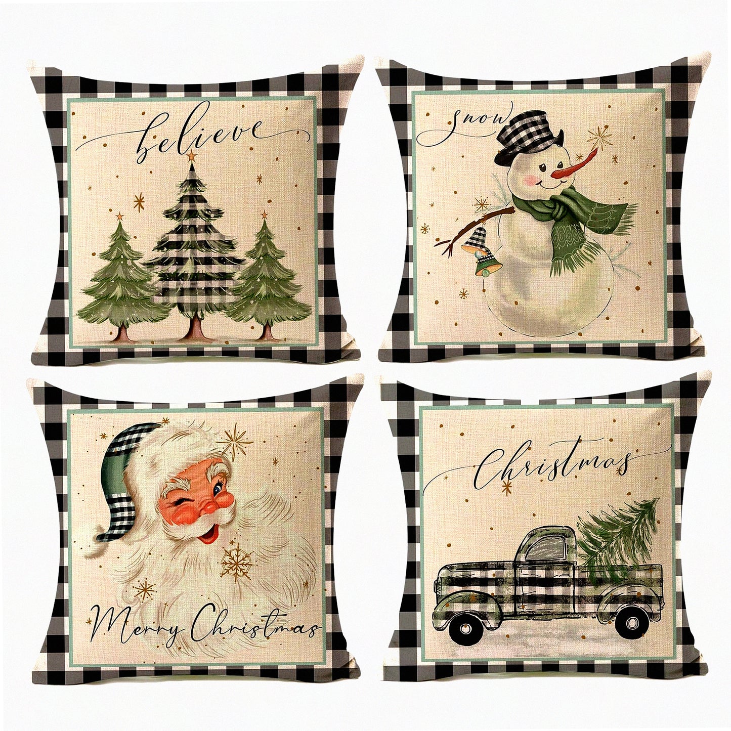 Winter Wonderland Pillow Covers Set - Snowflake Snowman Merry Claus Tree Truck Throw Pillows - Farmhouse Decor Cushion Case for Couch - Buffalo Plaid