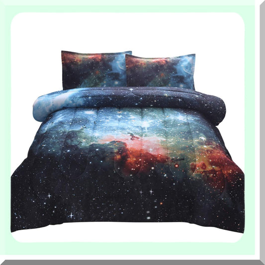 Galaxy Dream 3-Piece Comforter Set - 3D Outer Space Theme, All-Season Down Alternative Quilted Duvet - Reversible Design with 1 Comforter, 2 Pillow Shams (Blue)