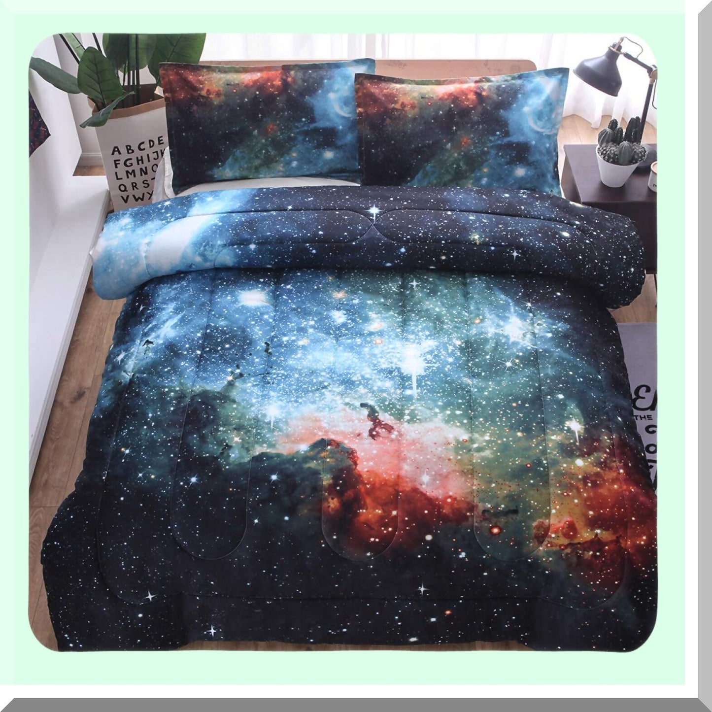 Galaxy Dream 3-Piece Comforter Set - 3D Outer Space Theme, All-Season Down Alternative Quilted Duvet - Reversible Design with 1 Comforter, 2 Pillow Shams (Blue)