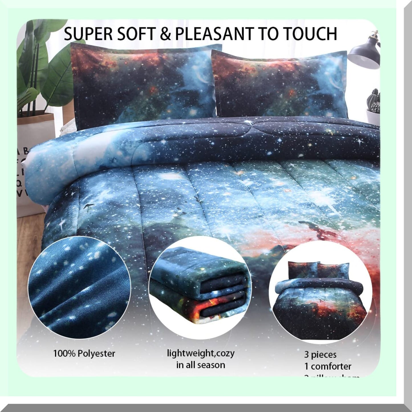 Galaxy Dream 3-Piece Comforter Set - 3D Outer Space Theme, All-Season Down Alternative Quilted Duvet - Reversible Design with 1 Comforter, 2 Pillow Shams (Blue)