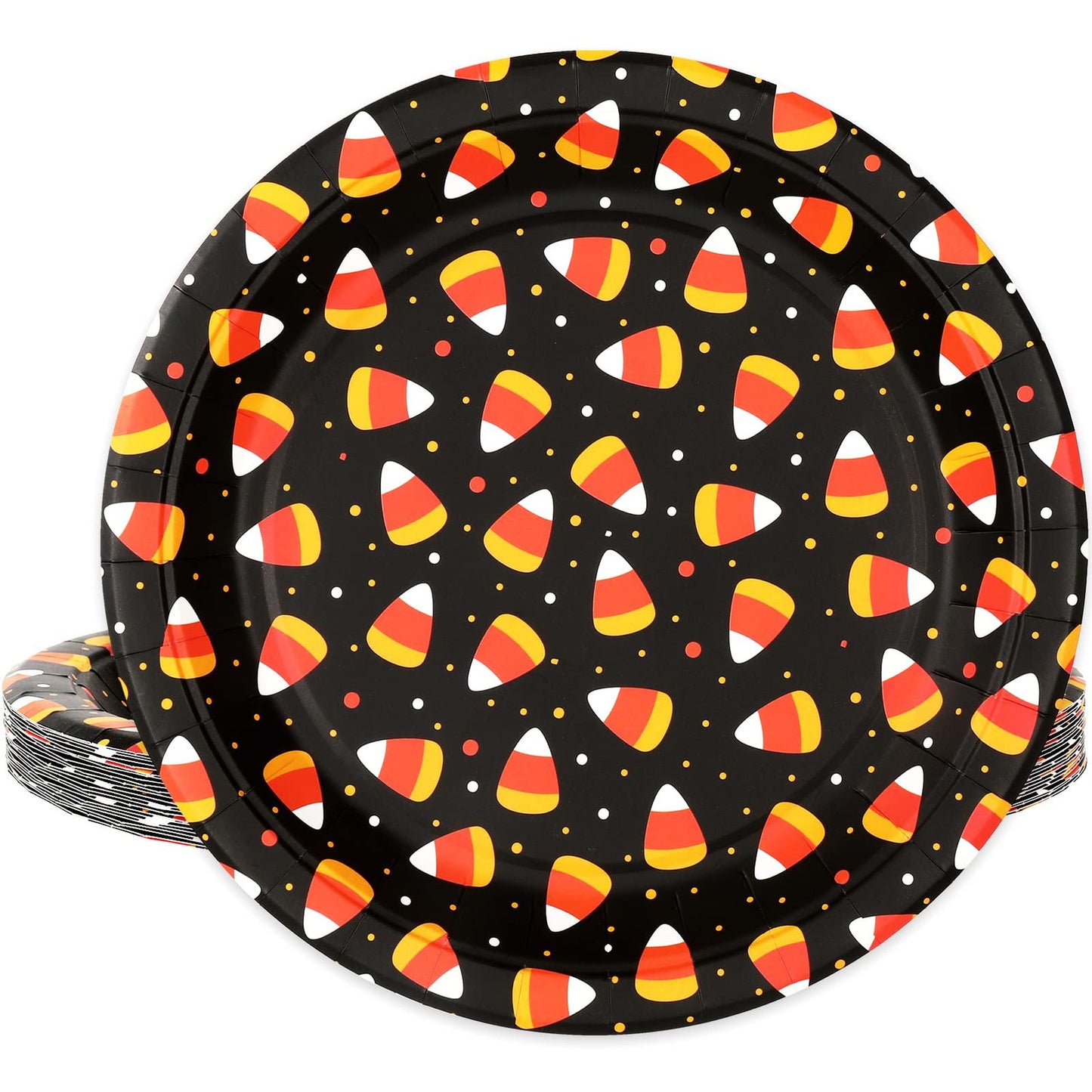 Candy Corn Party Plates - 24 Pack Disposable Tableware Set for Halloween, Wedding, Birthday - Black & Orange 9 Inch Dinner Plates - Event Supplies