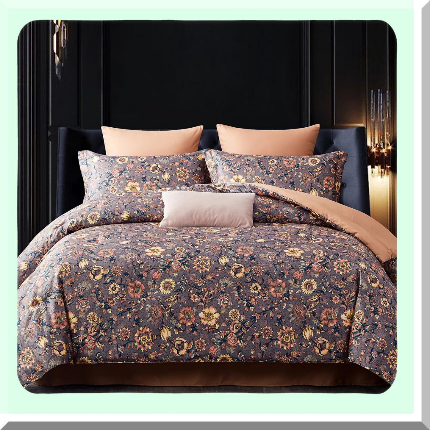 Vintage Floral Bliss 7-Piece Queen Comforter Set - Soft & Lightweight Bedding for All Seasons - Brown Floral Bed in a Bag Queen Size