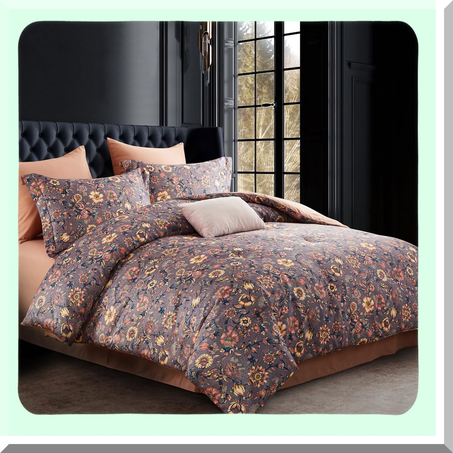 Vintage Floral Bliss 7-Piece Queen Comforter Set - Soft & Lightweight Bedding for All Seasons - Brown Floral Bed in a Bag Queen Size