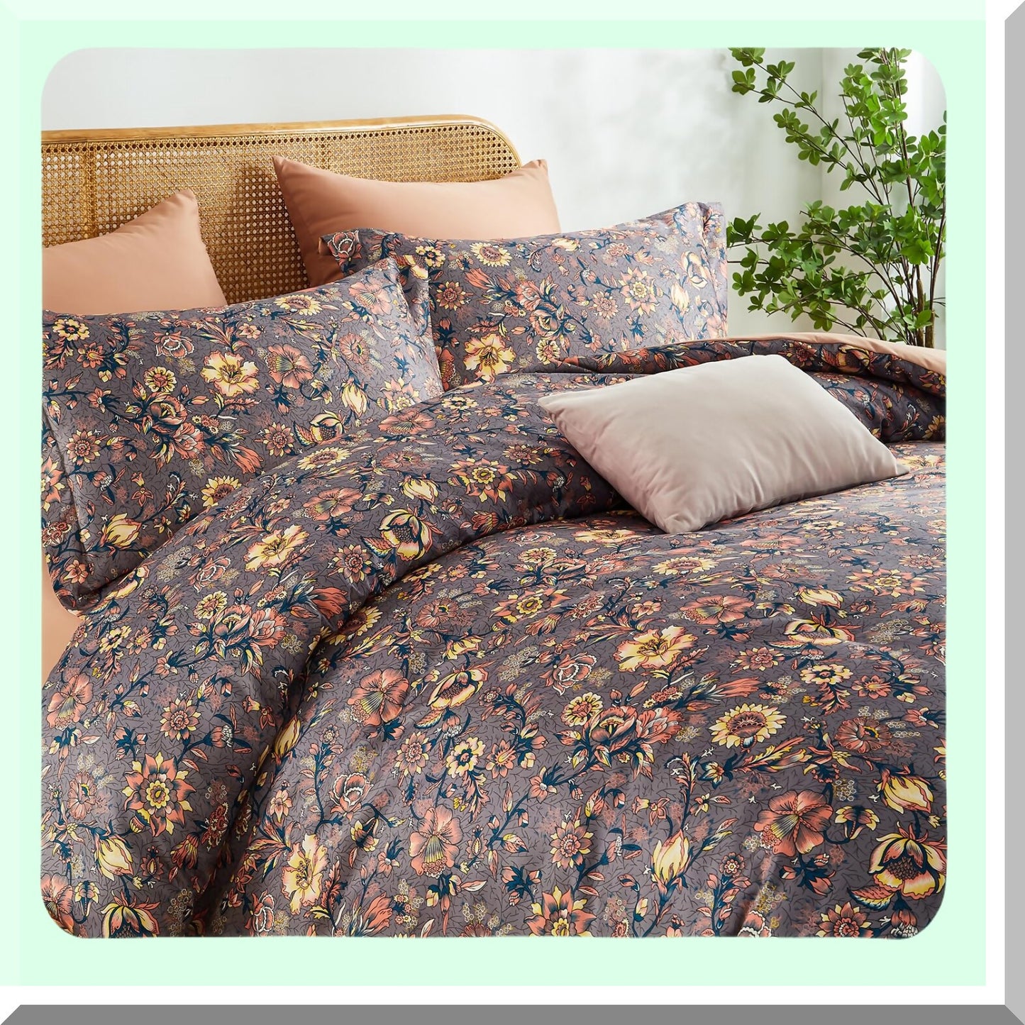 Vintage Floral Bliss 7-Piece Queen Comforter Set - Soft & Lightweight Bedding for All Seasons - Brown Floral Bed in a Bag Queen Size