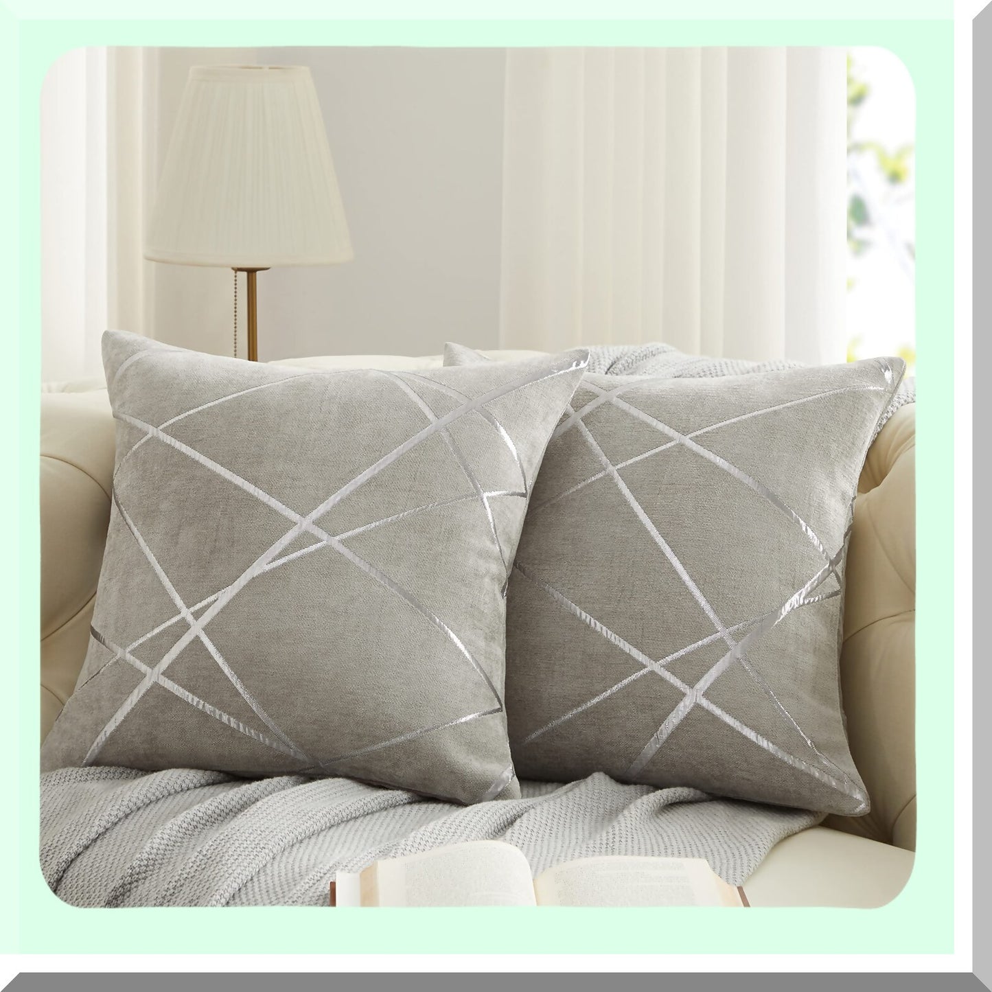 Luxury Silver Stripe Chenille Cushion Covers - Set of 2, Decorative Grey Throw Pillow Covers for Sofa, Thick Square Pillows 20x20 - Silver Grey