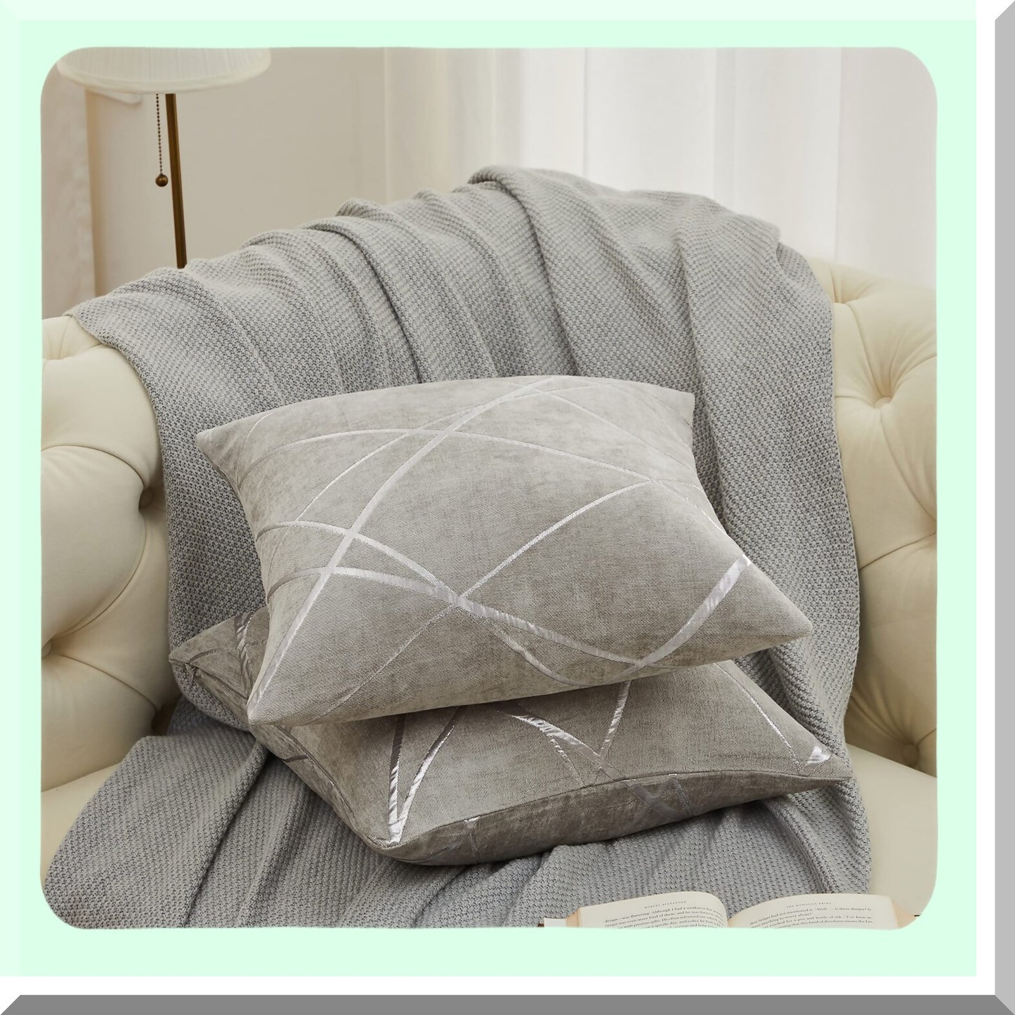 Luxury Silver Stripe Chenille Cushion Covers - Set of 2, Decorative Grey Throw Pillow Covers for Sofa, Thick Square Pillows 20x20 - Silver Grey