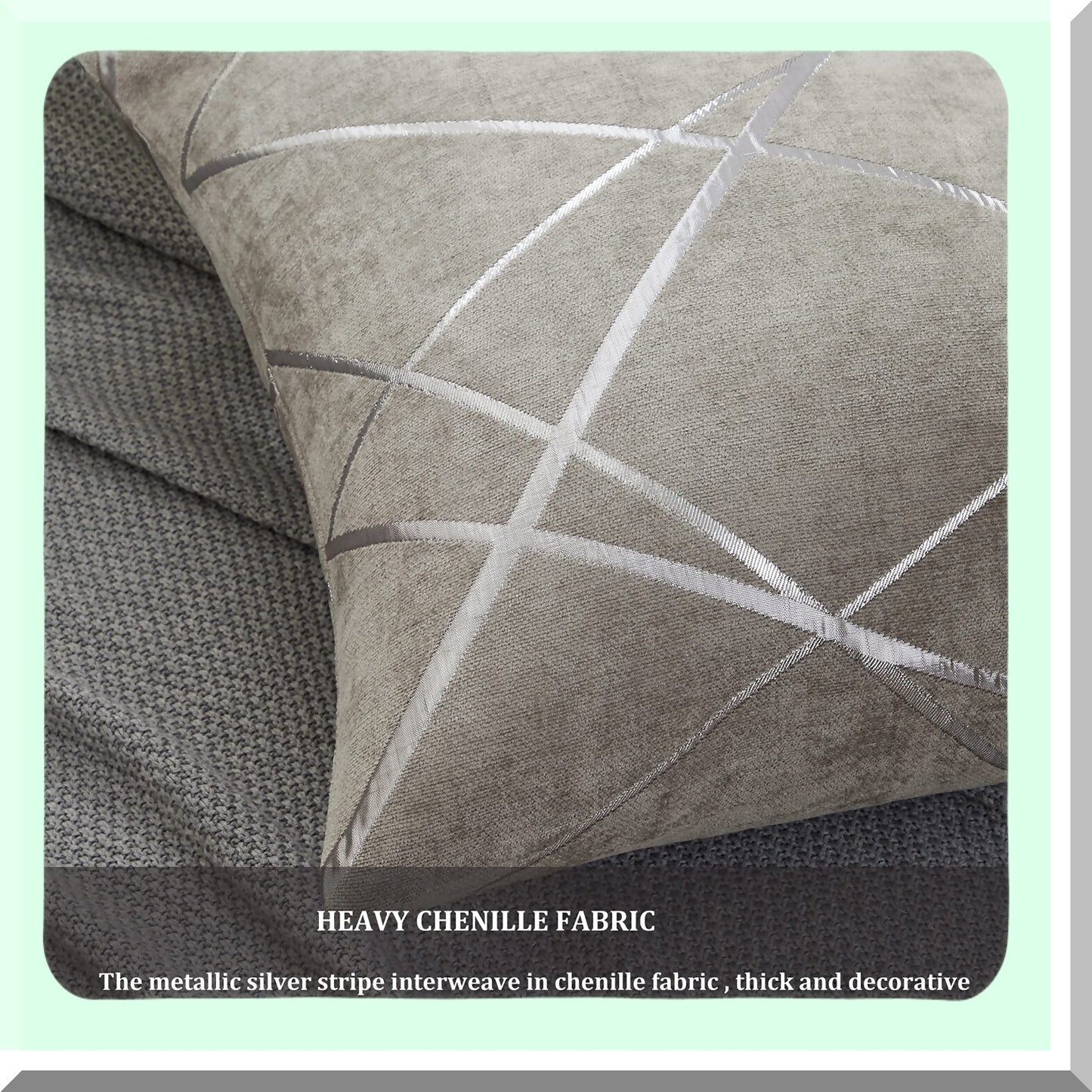 Luxury Silver Stripe Chenille Cushion Covers - Set of 2, Decorative Grey Throw Pillow Covers for Sofa, Thick Square Pillows 20x20 - Silver Grey
