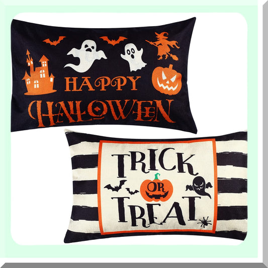 Spooky Treats Pillowcase Set - 20 x 12 Inch Happy Ghost Cushion Covers for Bed Sofa Home Decor - Trick or Treat Rectangular Throw Pillow Covers