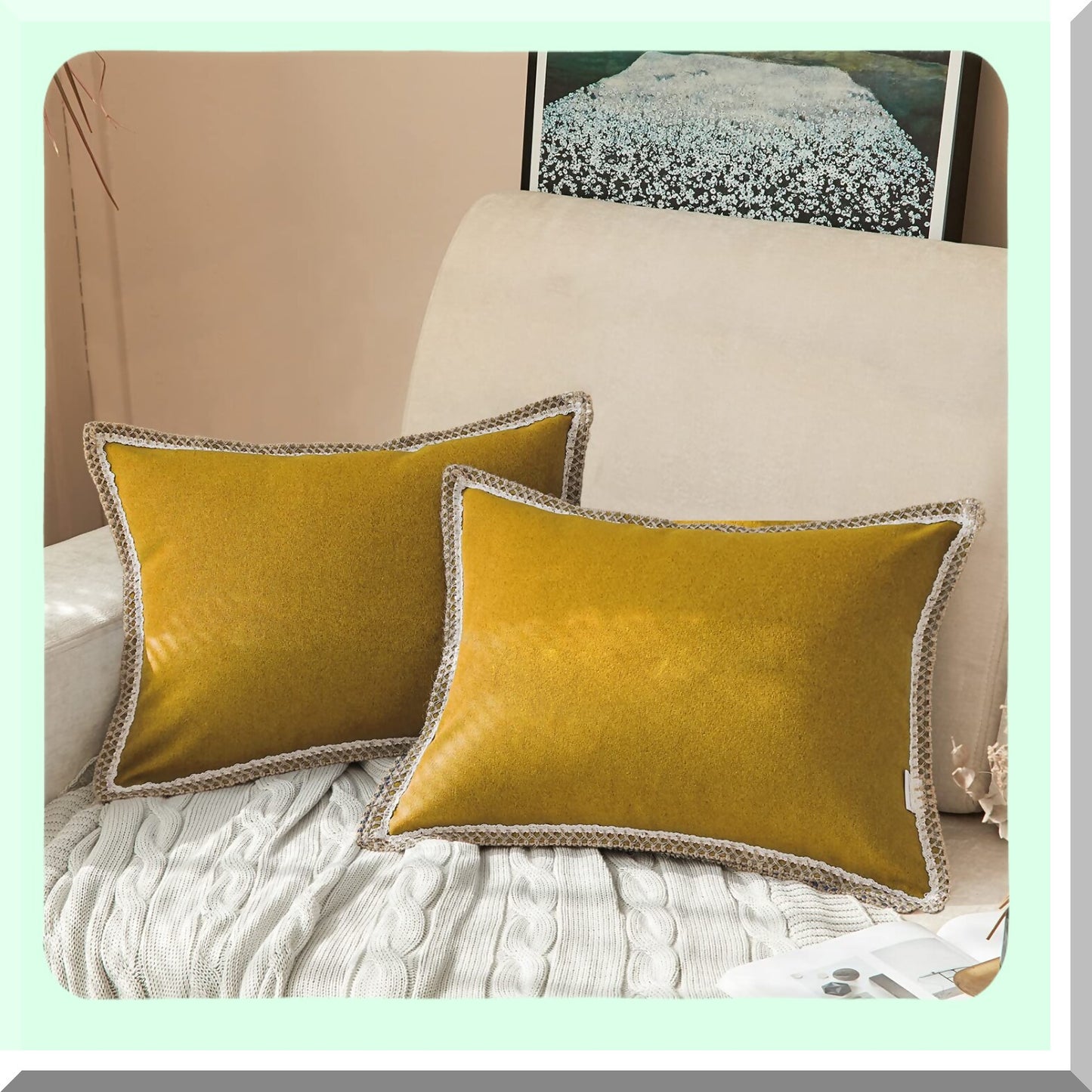 Gold Linen Farmhouse Pillow Covers - Set of 2 | Burlap Trimmed Cushion Covers 12x20 | Tailored Edges for Couch, Sofa, Chair, Living Room Decor