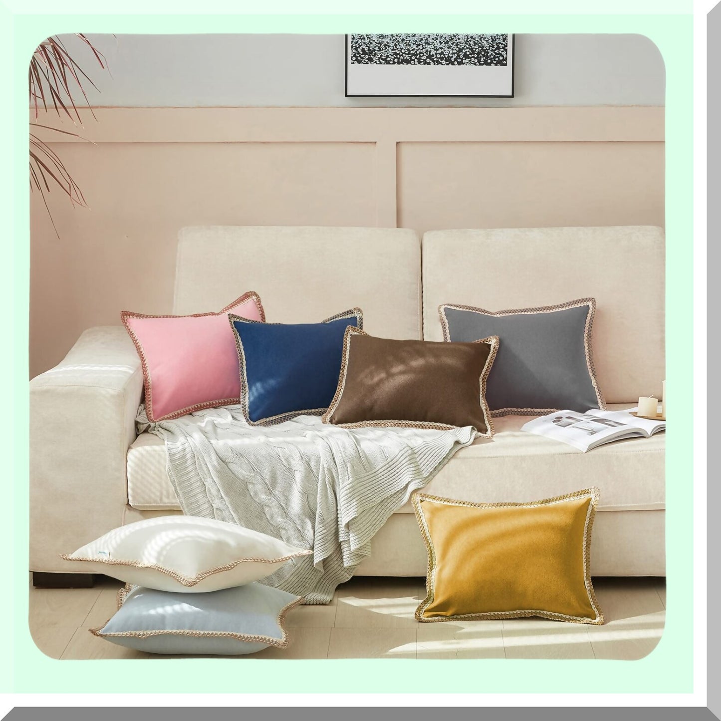 Gold Linen Farmhouse Pillow Covers - Set of 2 | Burlap Trimmed Cushion Covers 12x20 | Tailored Edges for Couch, Sofa, Chair, Living Room Decor