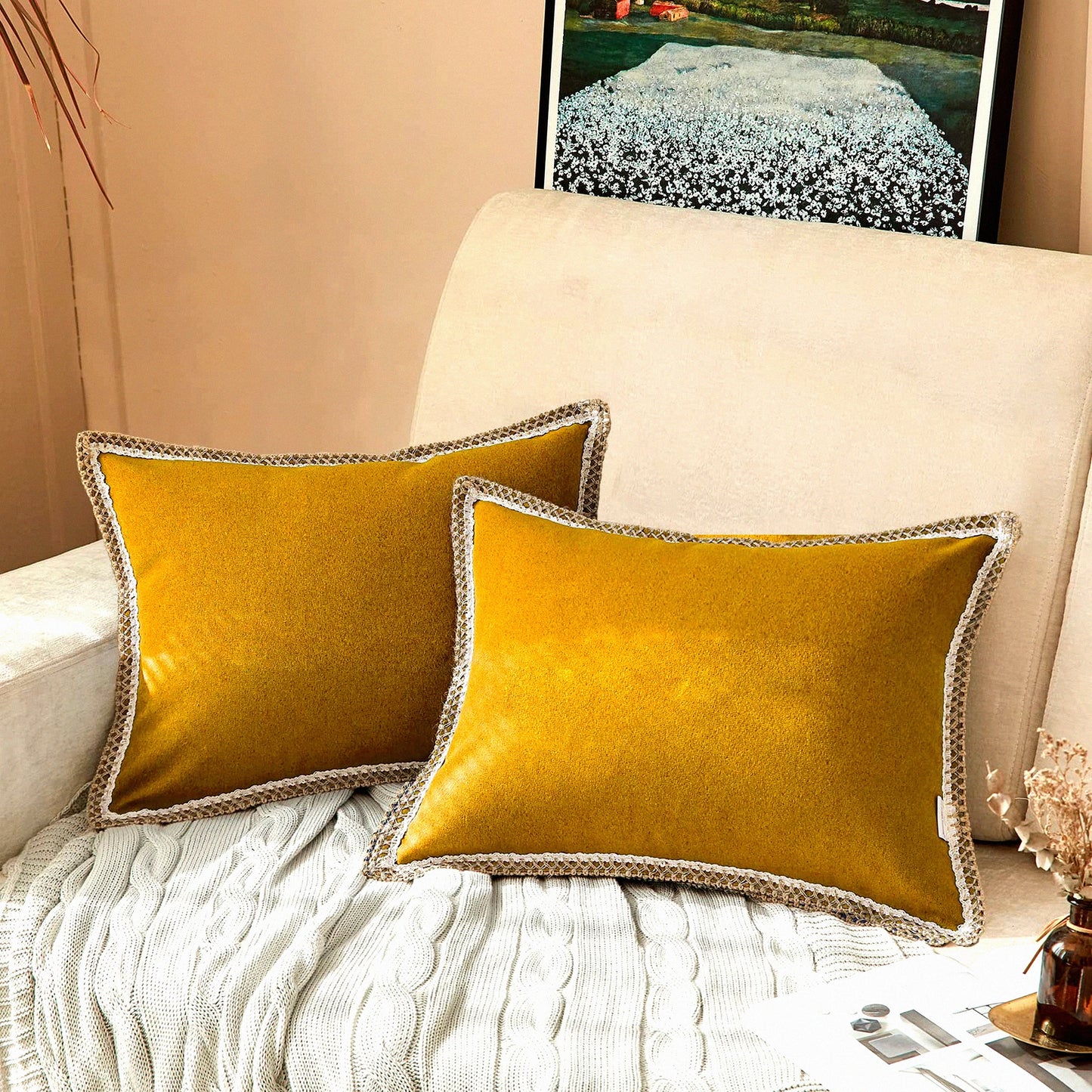 Gold Linen Farmhouse Pillow Covers - Set of 2 | Burlap Trimmed Cushion Covers 12x20 | Tailored Edges for Couch, Sofa, Chair, Living Room Decor