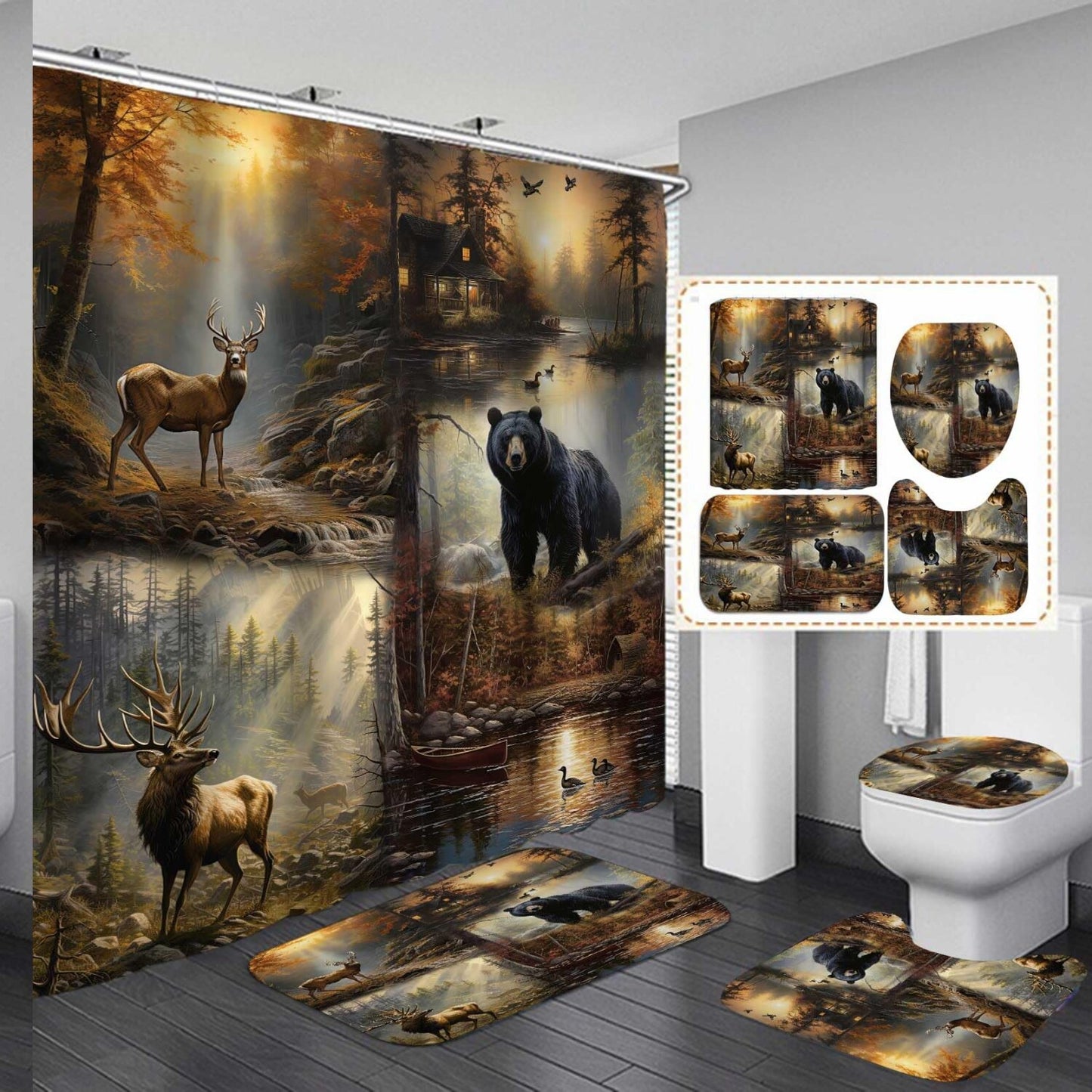Rustic Deer Bear Cabin Fabric Shower Curtain Set