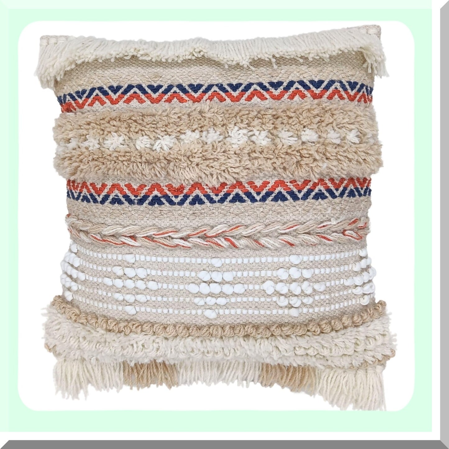 Farmhouse Boho Tufted Wool Cotton Cushion Covers - Soft Textured Square Pillow Cases - Durable Sofa Couch Bed Decor - 14" Square