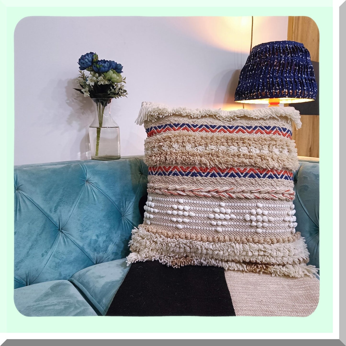 Farmhouse Boho Tufted Wool Cotton Cushion Covers - Soft Textured Square Pillow Cases - Durable Sofa Couch Bed Decor - 14" Square