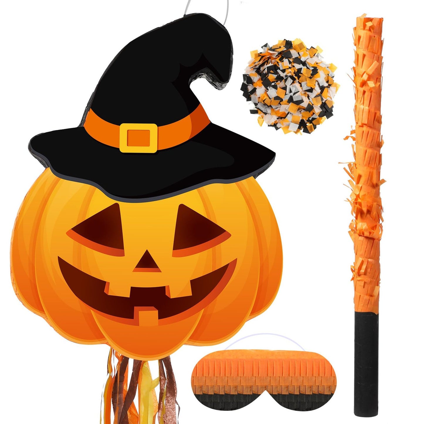 Pumpkin Party Pinata Set - Pull String Hanging Decoration with Stick, Blindfold & Confetti - Mexican Sugar Filled Game Supplies for Festive Fun!