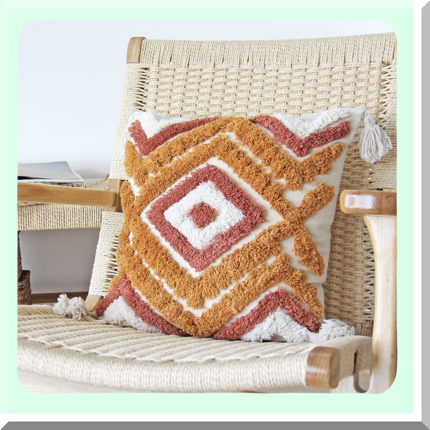 Boho Tufted Tassel Burnt Orange Pillowcase - Decorative Woven Throw Pillow Cover for Couch & Bedroom - 18 x 18 Inch Square
