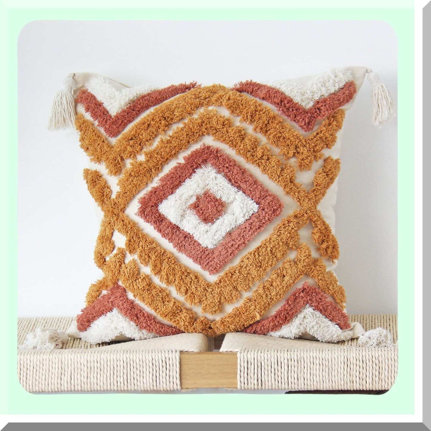 Boho Tufted Tassel Burnt Orange Pillowcase - Decorative Woven Throw Pillow Cover for Couch & Bedroom - 18 x 18 Inch Square