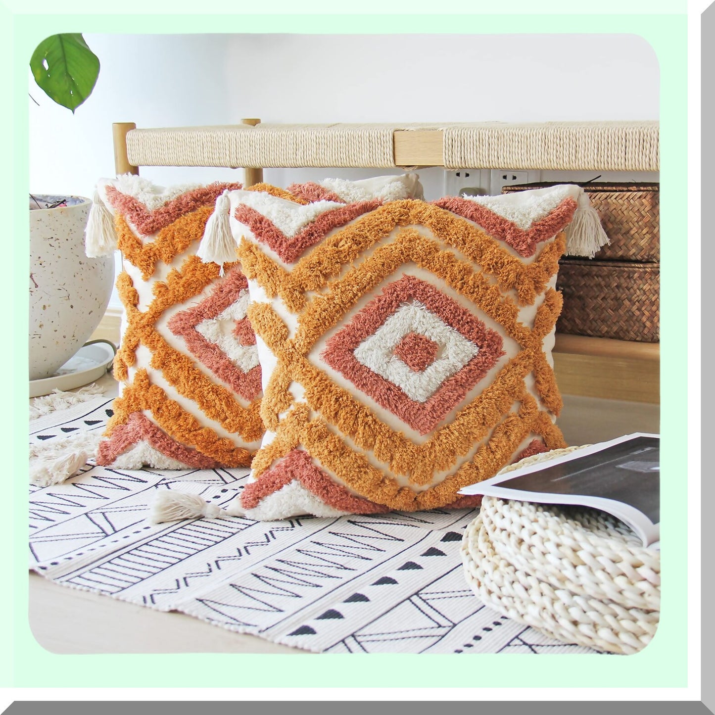 Boho Tufted Tassel Burnt Orange Pillowcase - Decorative Woven Throw Pillow Cover for Couch & Bedroom - 18 x 18 Inch Square