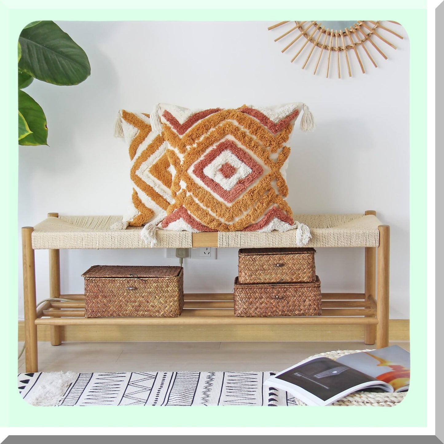 Boho Tufted Tassel Burnt Orange Pillowcase - Decorative Woven Throw Pillow Cover for Couch & Bedroom - 18 x 18 Inch Square