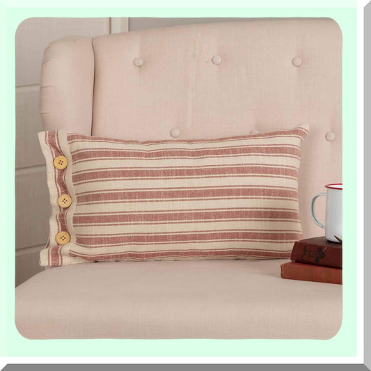 Patriotic Farmhouse Red Stripe Throw Pillow - 12x20 Brick Cream Cover with Buttons - Market Place Decor