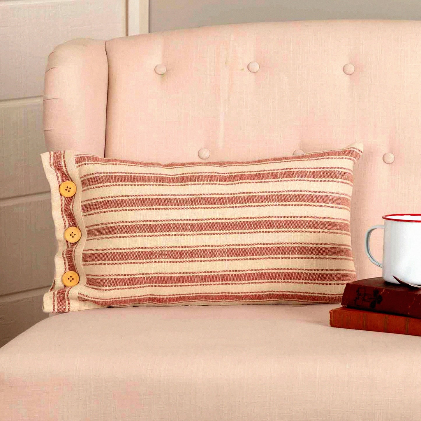 Patriotic Farmhouse Red Stripe Throw Pillow - 12x20 Brick Cream Cover with Buttons - Market Place Decor