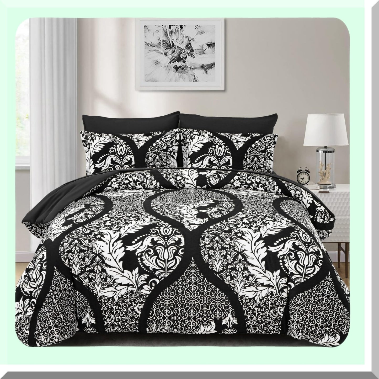 Bohemian Black Damask Queen Comforter Set - 7 Piece Lightweight Microfiber Bedding for All Seasons - Soft & Cozy 90"x90"