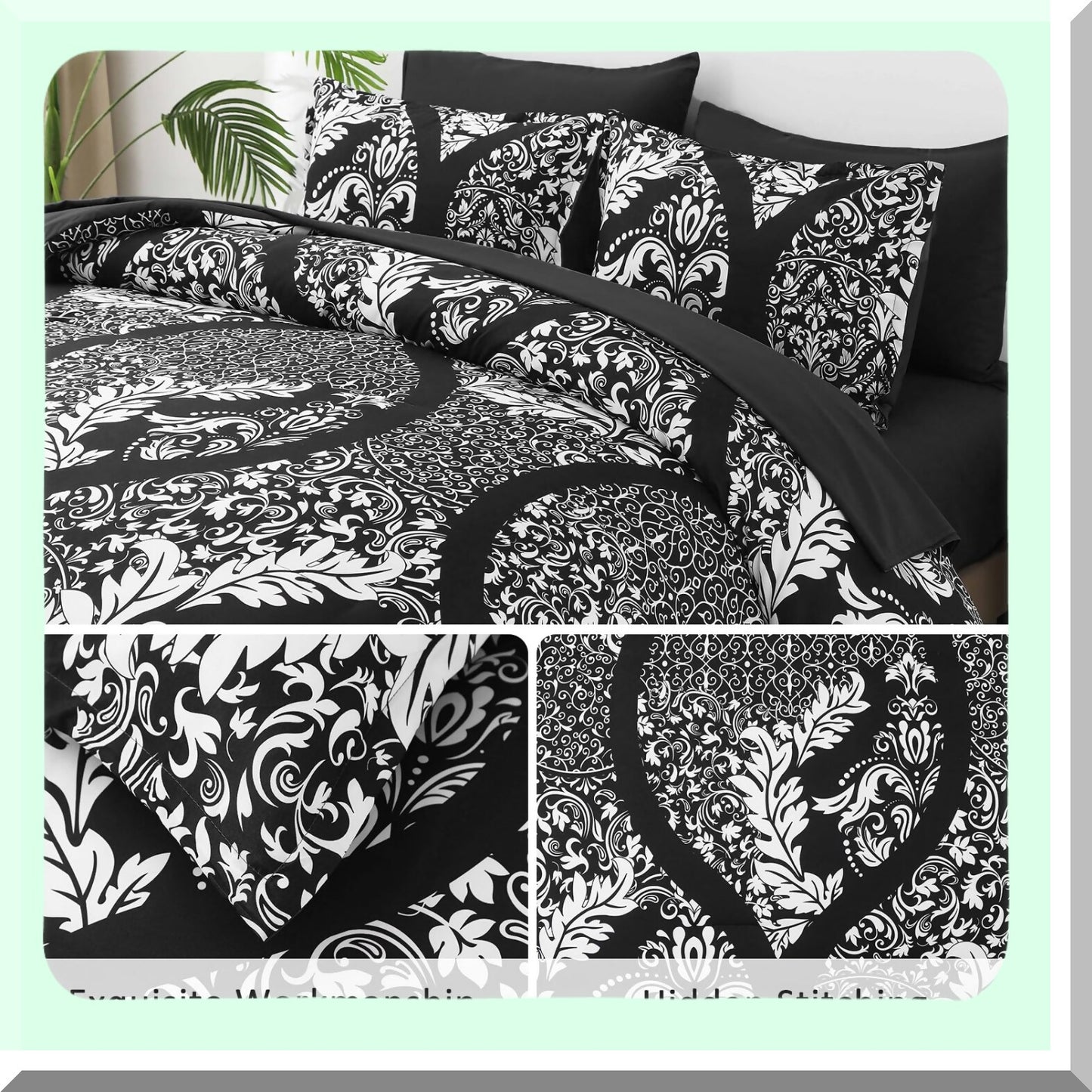 Bohemian Black Damask Queen Comforter Set - 7 Piece Lightweight Microfiber Bedding for All Seasons - Soft & Cozy 90"x90"