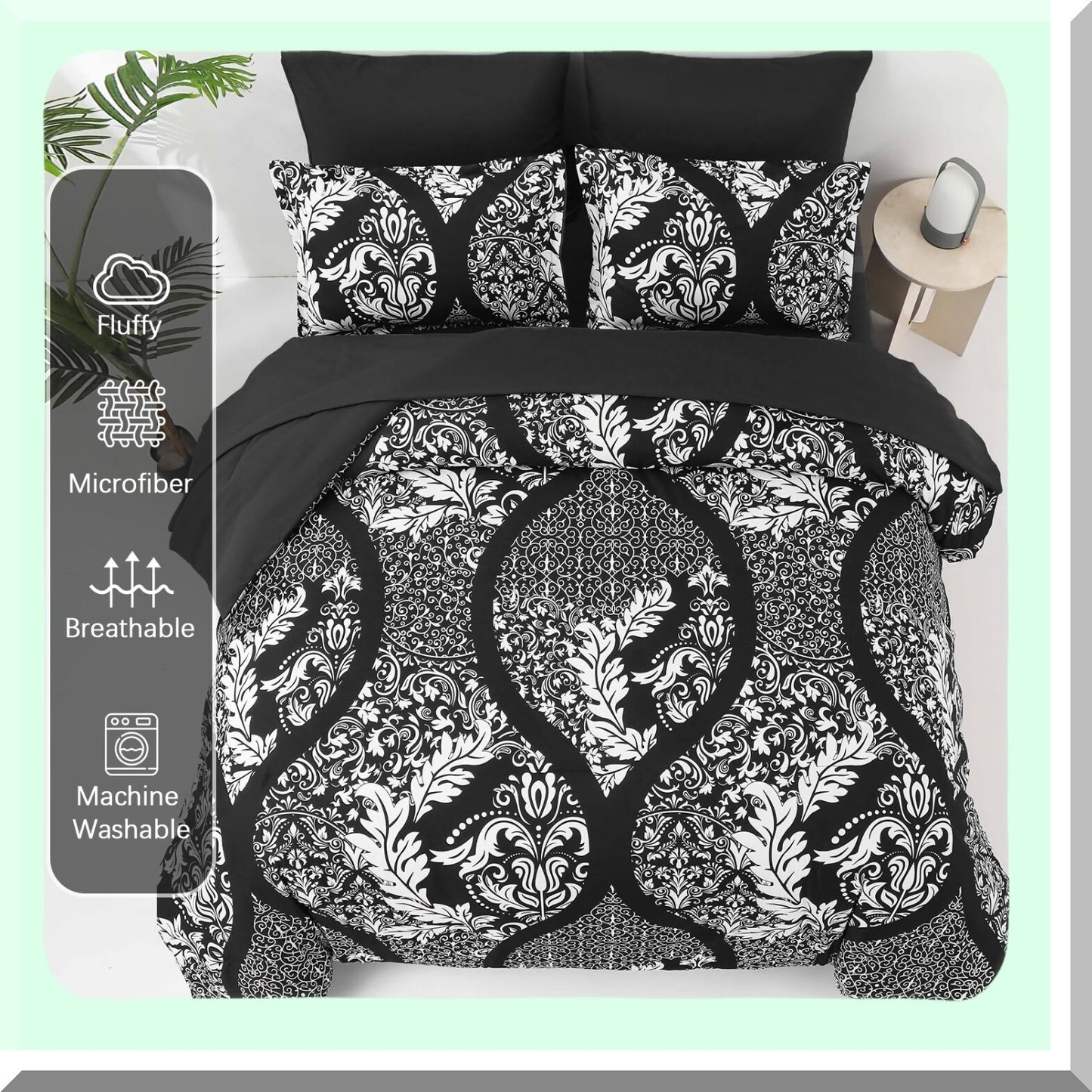 Bohemian Black Damask Queen Comforter Set - 7 Piece Lightweight Microfiber Bedding for All Seasons - Soft & Cozy 90"x90"