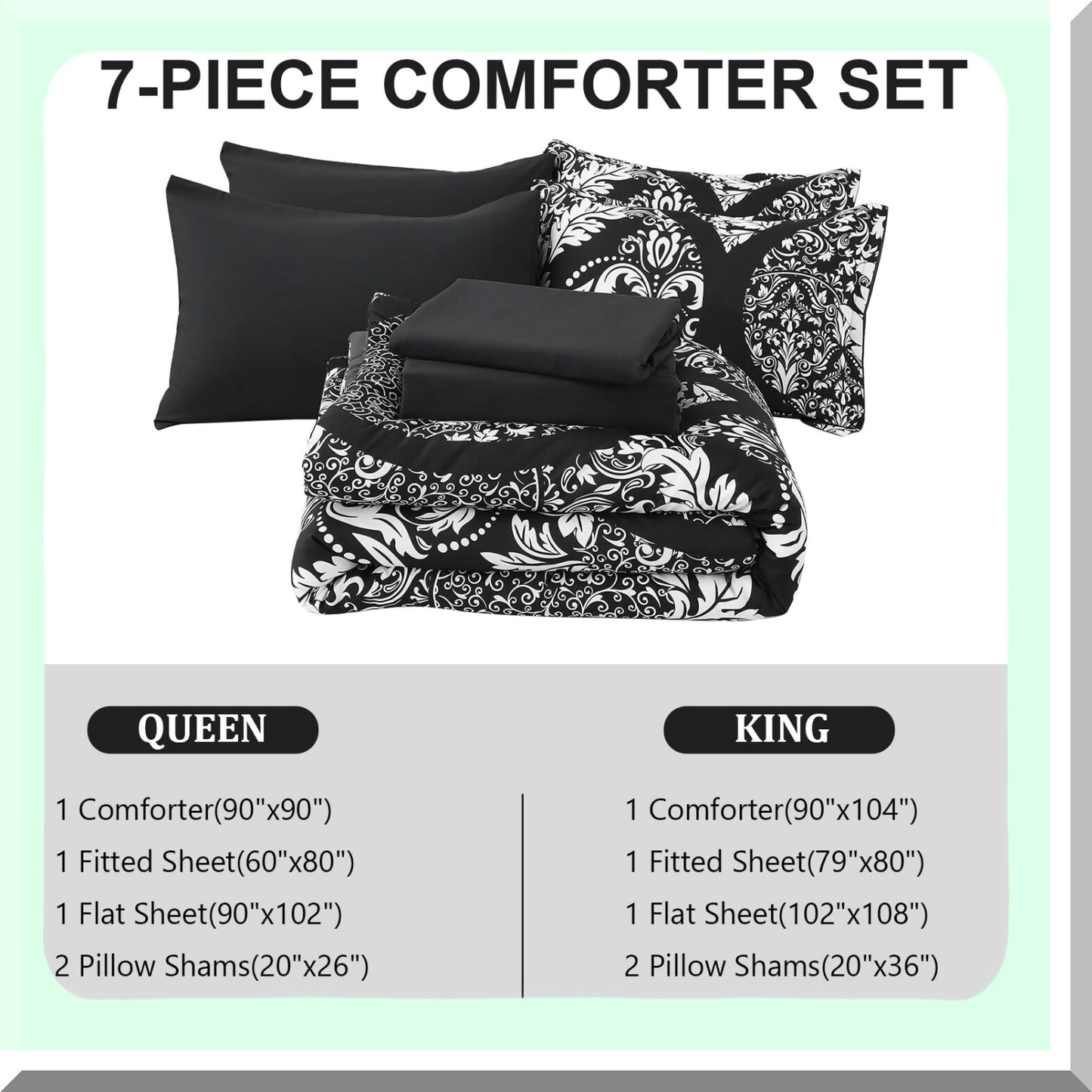Bohemian Black Damask Queen Comforter Set - 7 Piece Lightweight Microfiber Bedding for All Seasons - Soft & Cozy 90"x90"