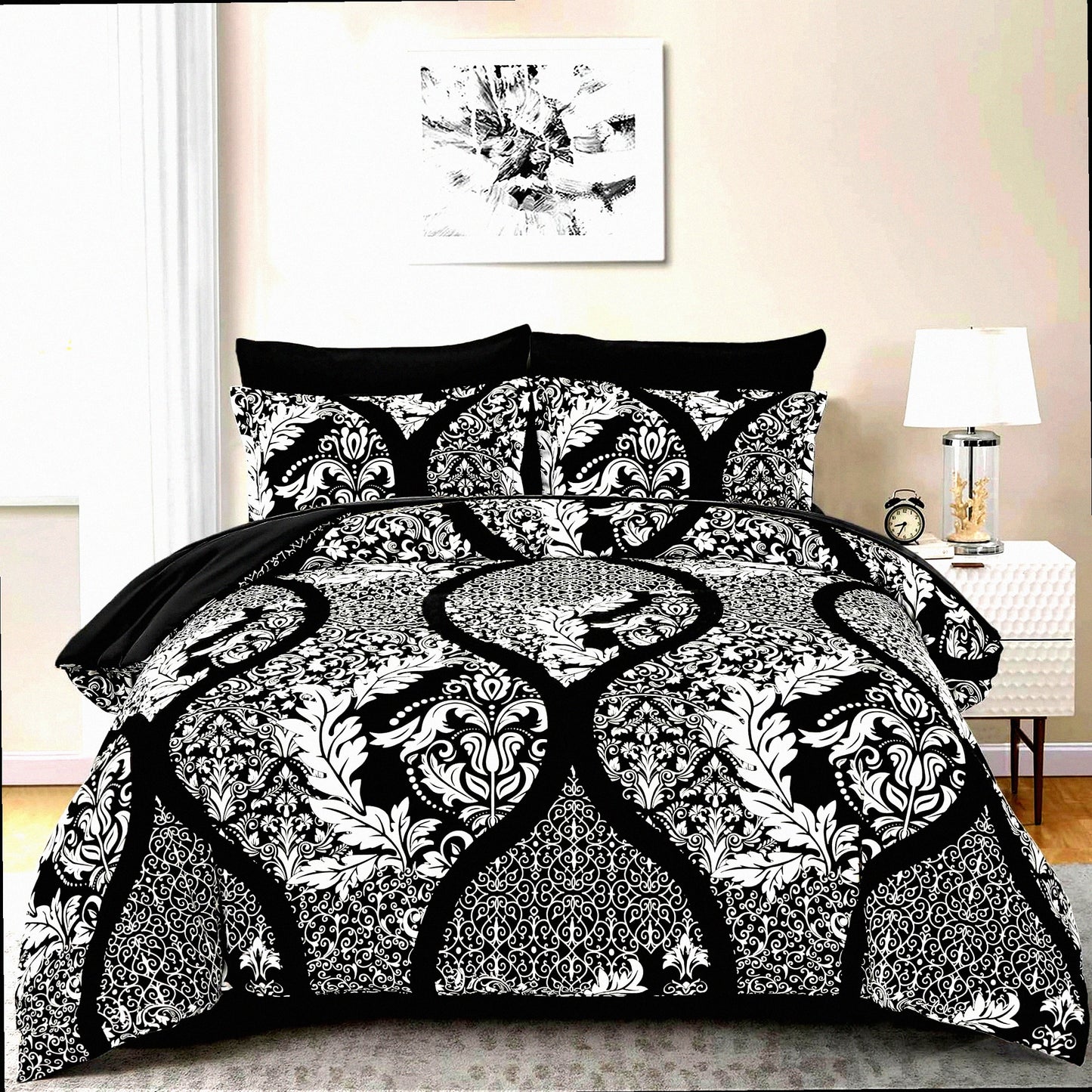 Bohemian Black Damask Queen Comforter Set - 7 Piece Lightweight Microfiber Bedding for All Seasons - Soft & Cozy 90"x90"