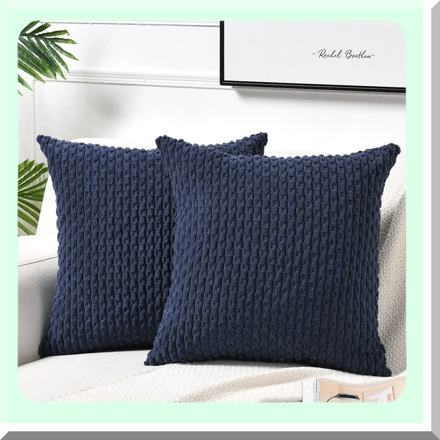 Navy Blue Boho Plush Pillow Covers - Set of 2 | Modern Farmhouse Decorative Cushion Cases for Couch, Bed, Sofa | Soft Corduroy 18x18 Inch 45x45 CM
