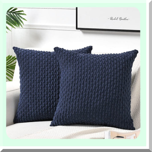 Navy Blue Boho Plush Pillow Covers - Set of 2 | Modern Farmhouse Decorative Cushion Cases for Couch, Bed, Sofa | Soft Corduroy 18x18 Inch 45x45 CM
