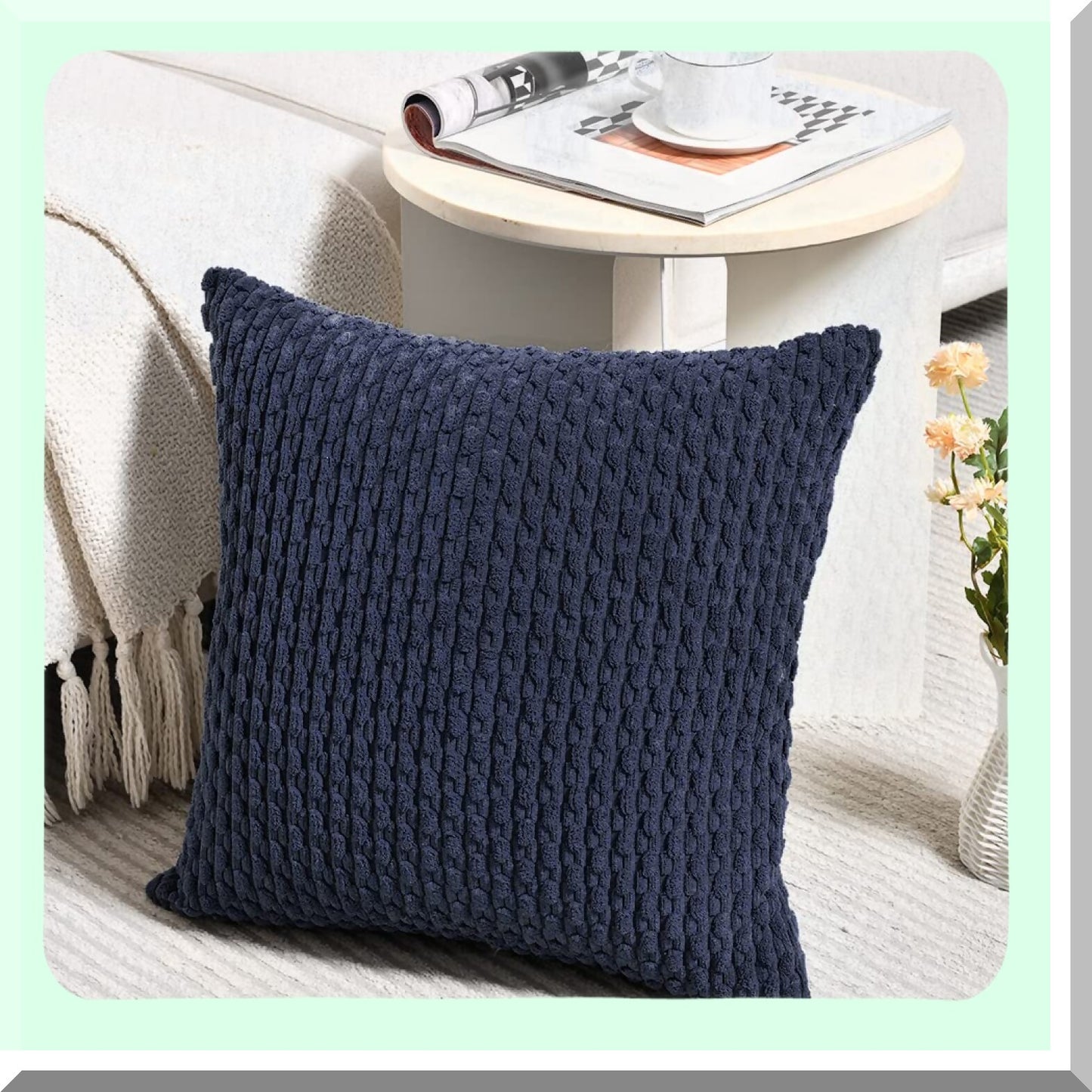 Navy Blue Boho Plush Pillow Covers - Set of 2 | Modern Farmhouse Decorative Cushion Cases for Couch, Bed, Sofa | Soft Corduroy 18x18 Inch 45x45 CM