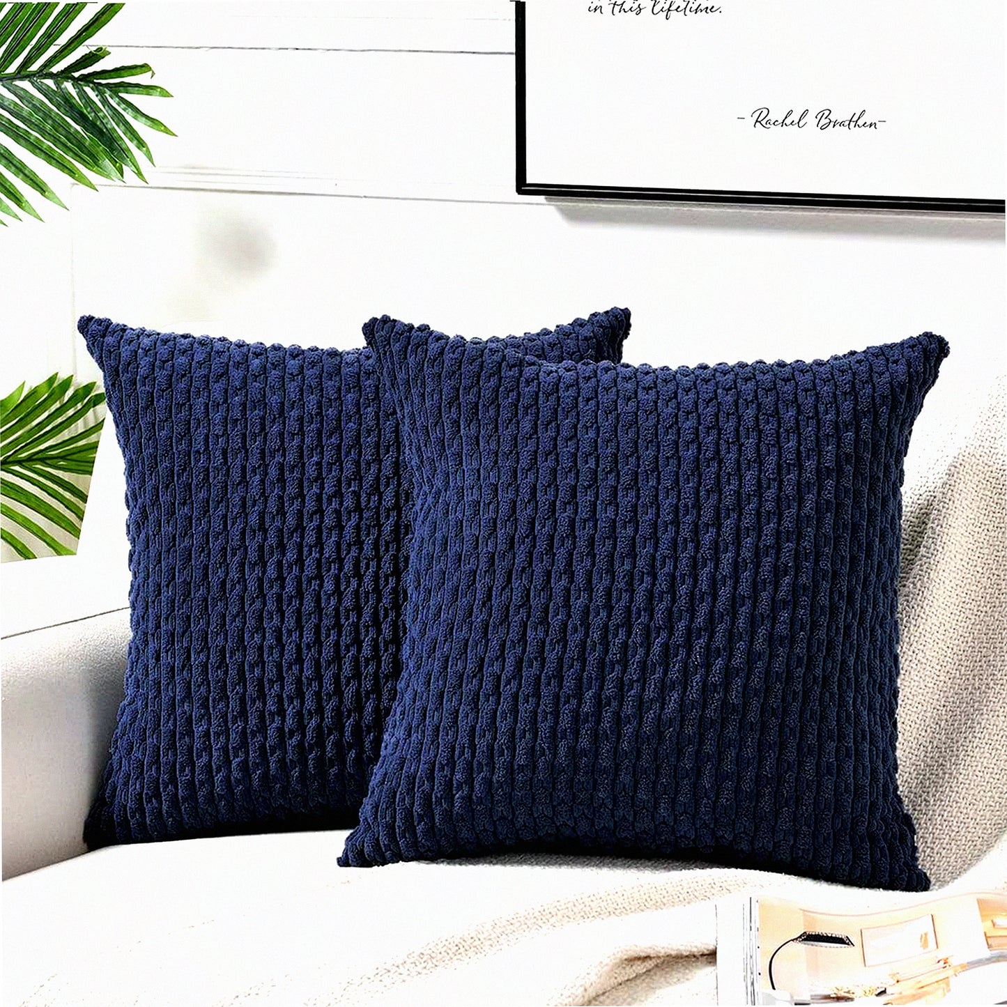Navy Blue Boho Plush Pillow Covers - Set of 2 | Modern Farmhouse Decorative Cushion Cases for Couch, Bed, Sofa | Soft Corduroy 18x18 Inch 45x45 CM
