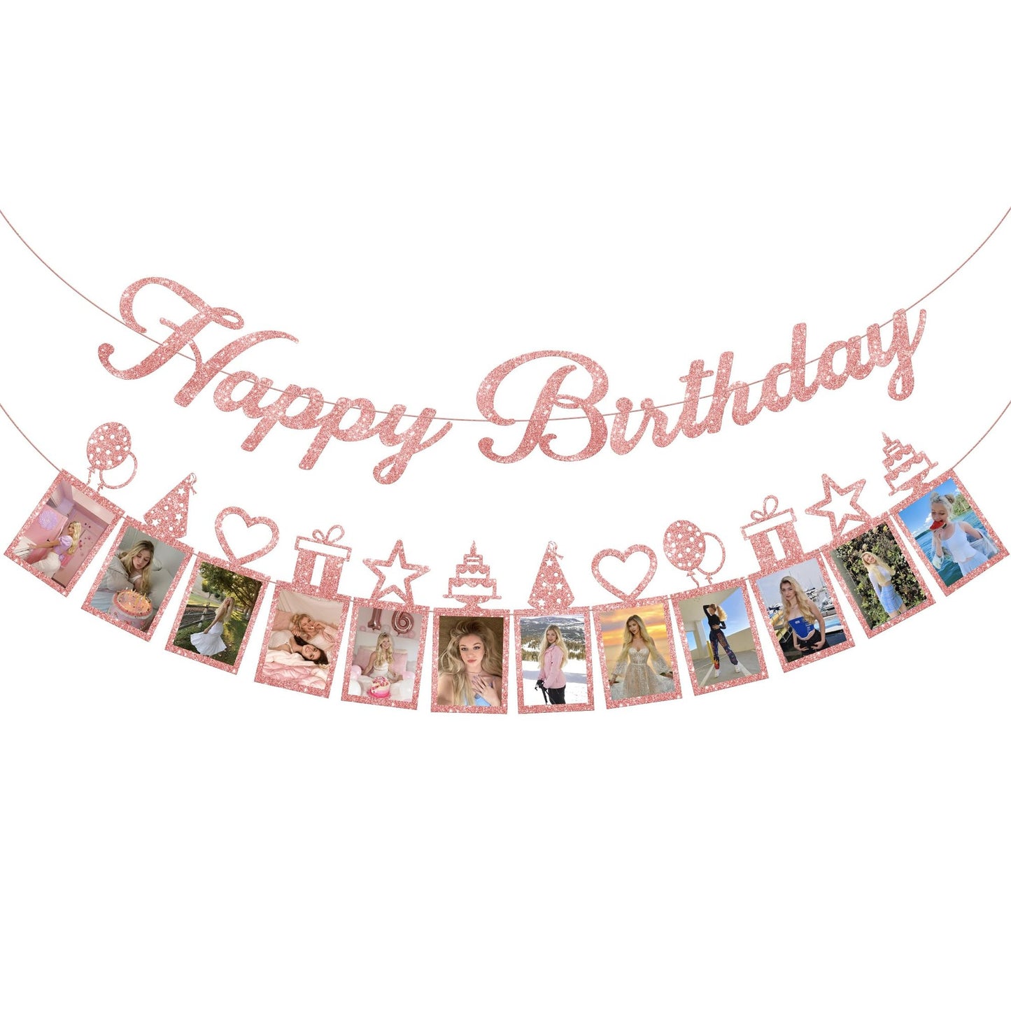 Rose Gold Glitter Birthday Banner - 10ft Pre-Strung Picture Banner for Happy Birthday Decorations - 2 Strings Included