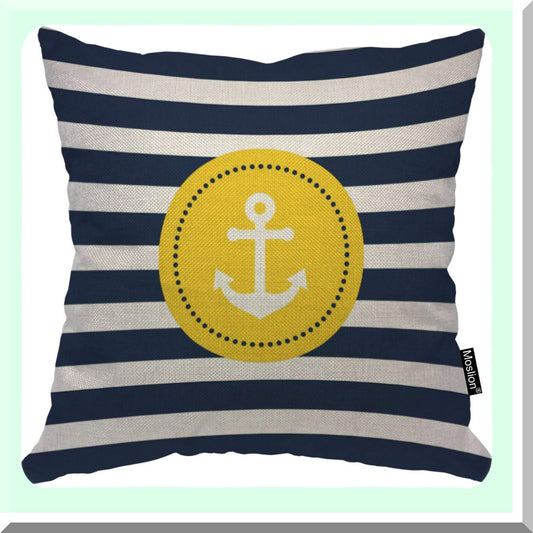 Nautical Anchor Stripe Pillow Cover - Father's Day Decorative Cushion Case for Home & Car - 18x18 Inch Square Throw Pillow