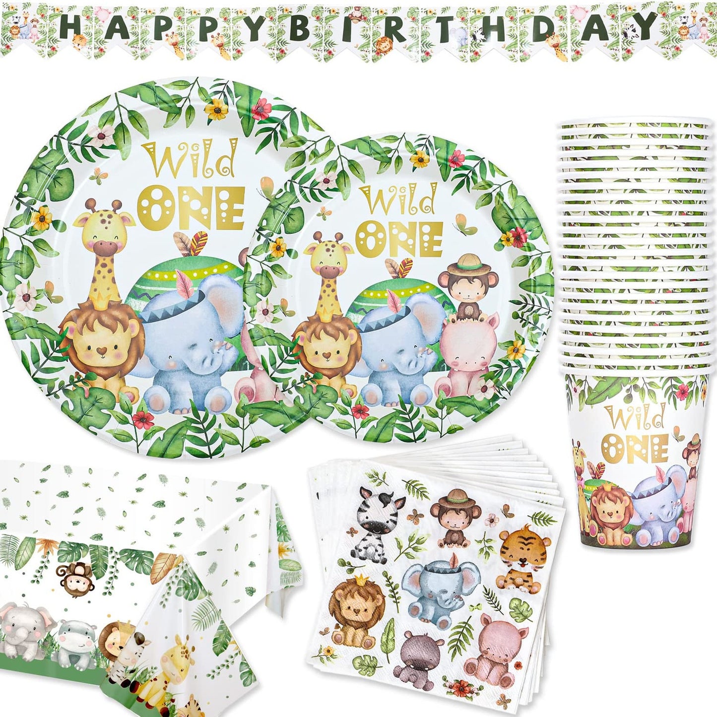 Jungle Safari Wild One Party Pack for 24 - Complete Tableware Set with Plates, Cups, Napkins, Tablecloth & Banner - Boy Girl 1st Birthday Decorations