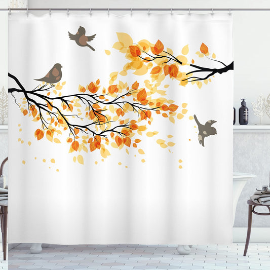 Fall Shower Curtain with Orange Leaves and Birds, 69" x 70"