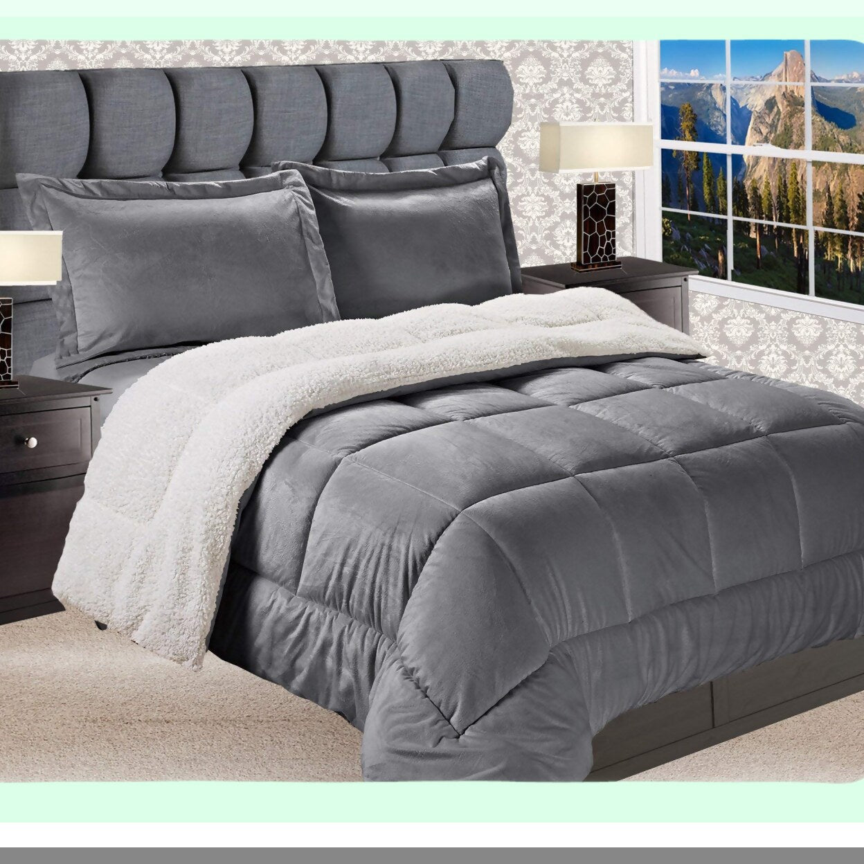 Luxury Plush Sherpa Comforter Set - Queen Size - Grey - Reversible Micro-Suede - Heavy Weight - Premium Quality - Down Alternative - 3-Piece