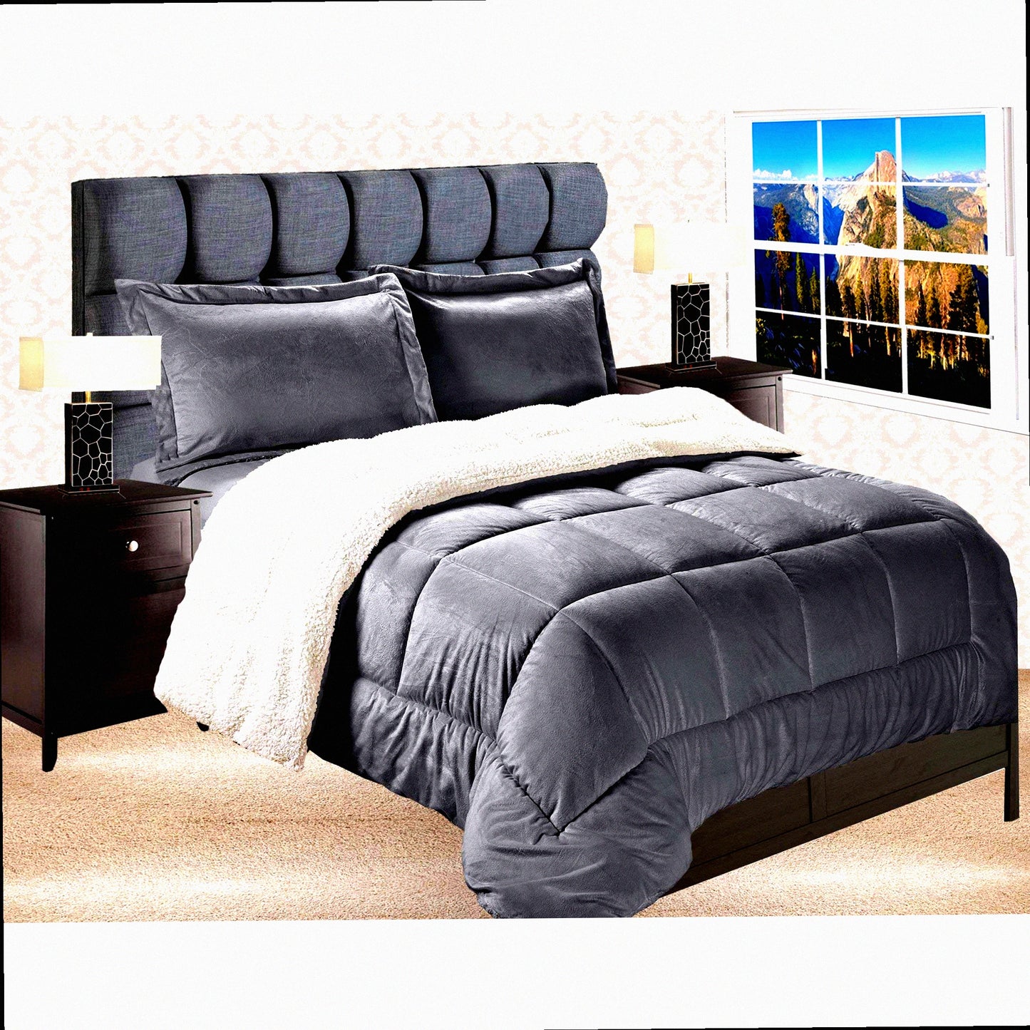 Luxury Plush Sherpa Comforter Set - Queen Size - Grey - Reversible Micro-Suede - Heavy Weight - Premium Quality - Down Alternative - 3-Piece