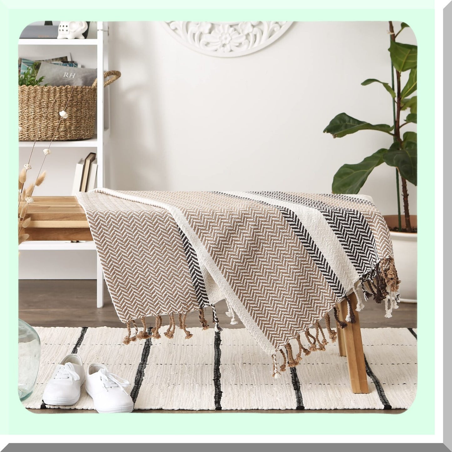 CozyStripe Herringbone Throw Blanket, 50x60, Stone