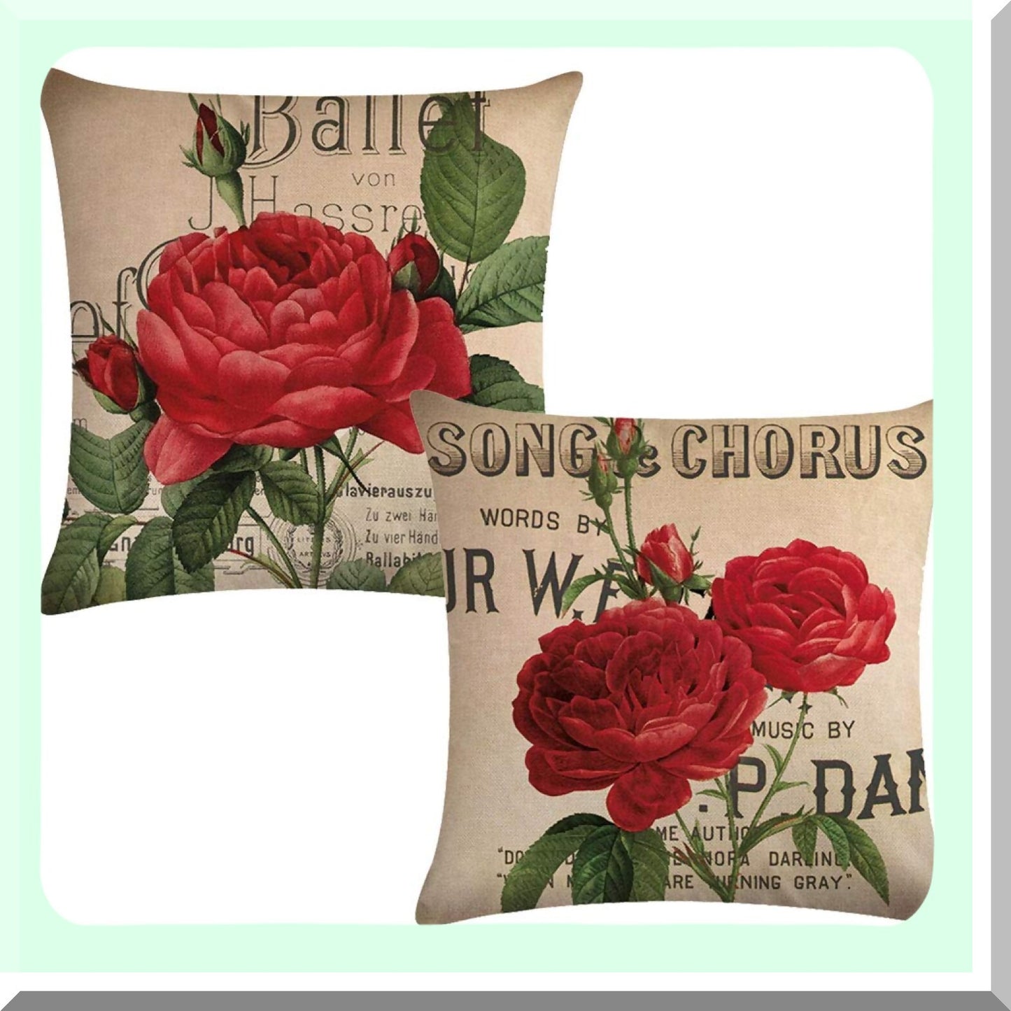Blooming Rose Garden Decorative Pillowcases - Set of 2, 18x18 Inches, Square Throw Pillow Covers for Sofa, Couch, Bed - Red Rose Flower Pattern