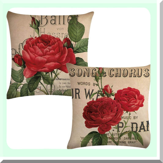 Blooming Rose Garden Decorative Pillowcases - Set of 2, 18x18 Inches, Square Throw Pillow Covers for Sofa, Couch, Bed - Red Rose Flower Pattern