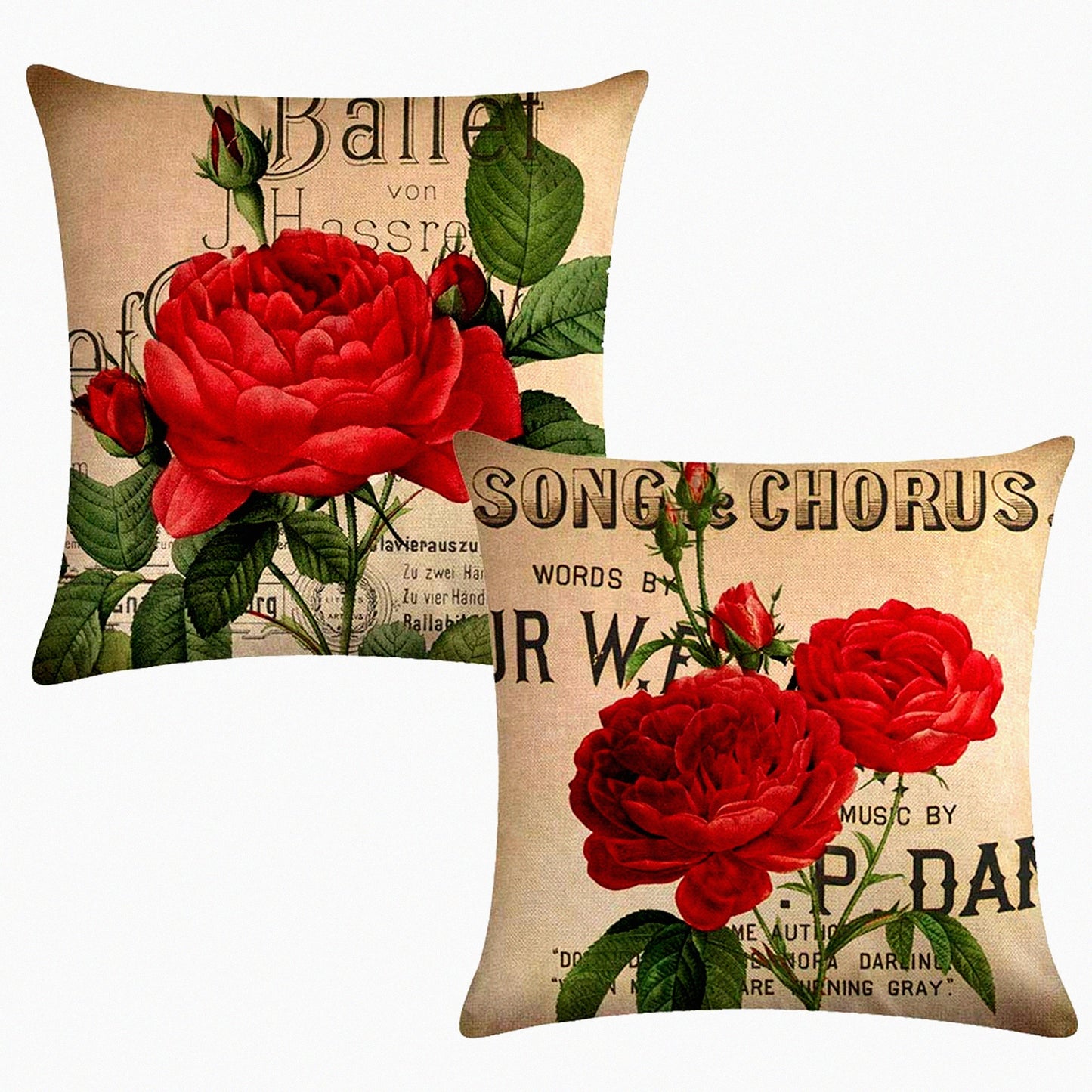 Blooming Rose Garden Decorative Pillowcases - Set of 2, 18x18 Inches, Square Throw Pillow Covers for Sofa, Couch, Bed - Red Rose Flower Pattern