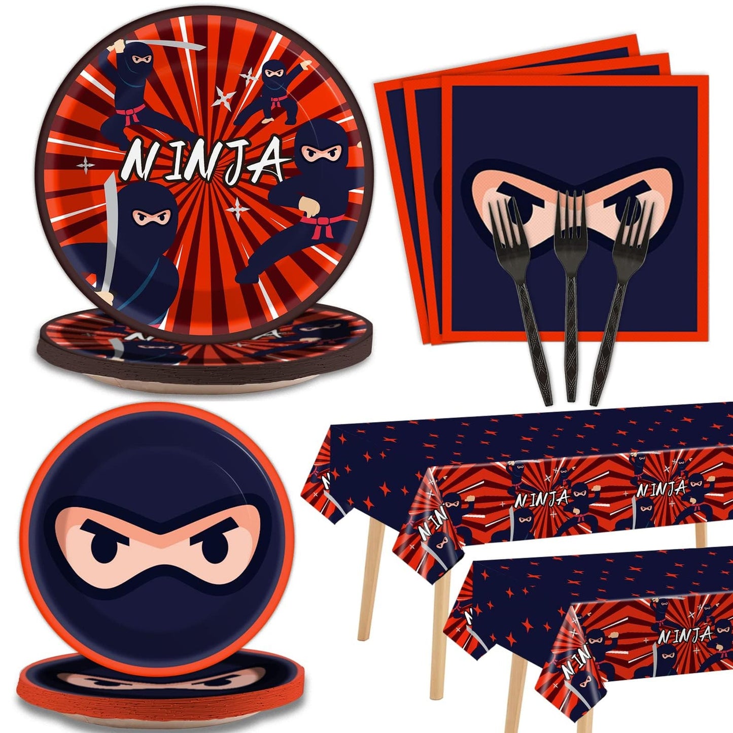 Ninja Warrior Party Pack - 98 Piece Ninja Master Birthday Decorations Set with Karate Plates, Napkins, Tablecloth, and Table Cover - Dinnerware Favors