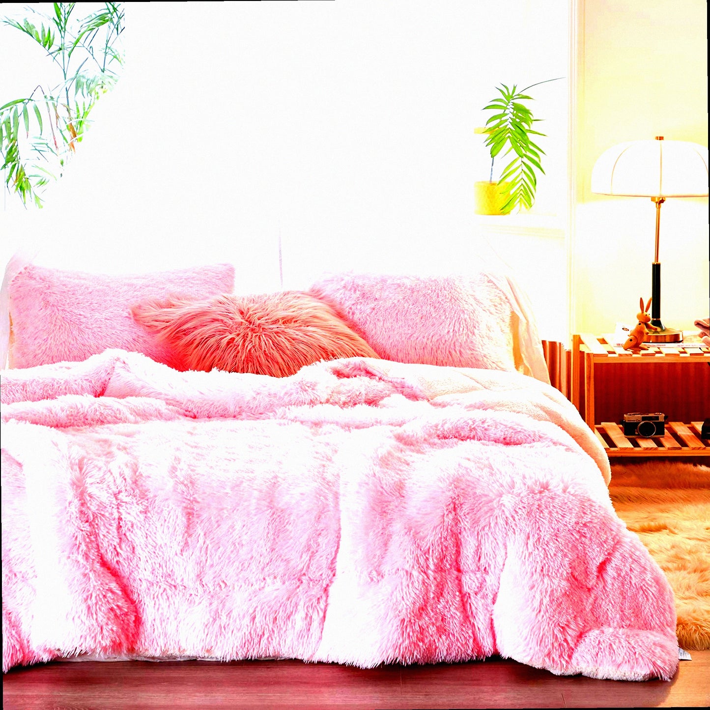 Luxury Sherpa Plush Comforter Set - Cozy Winter Bedding - Twin Size Shaggy Fluffy Pink Bed Set - Ultra Warm Reversible 3-Piece Ensemble - 68x86 inches
