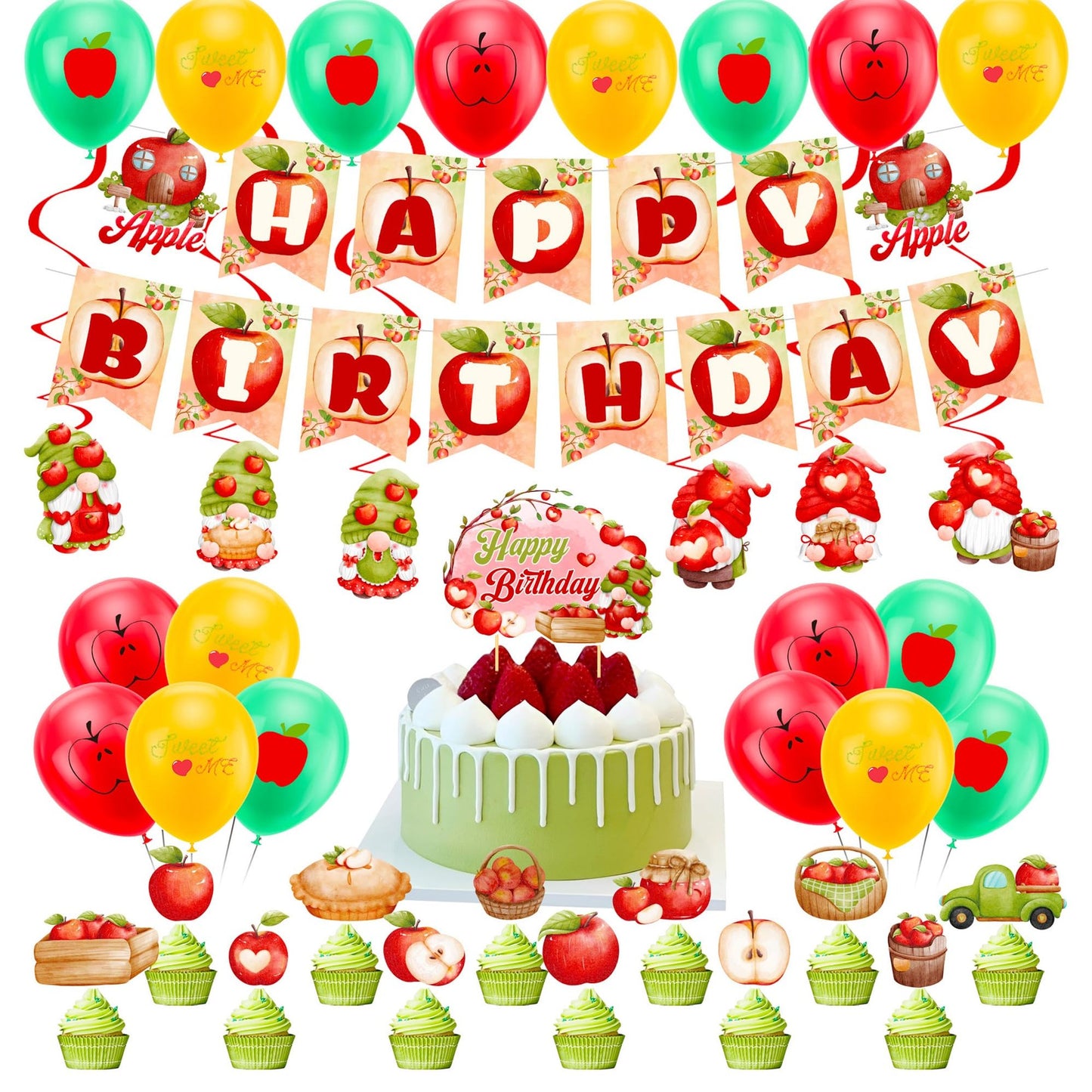 Birthday Bash Kit: Happy Birthday Banner, Latex Balloons, Cupcake Toppers, Fruit Theme Decorations - 38 Piece Set for Kids and Family Parties